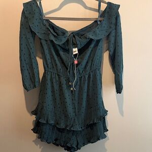 Selfie Leslie Teal Romper with Black Dots